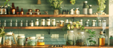 Shelves with various jars, bottles, and plants against a green tiled wall.