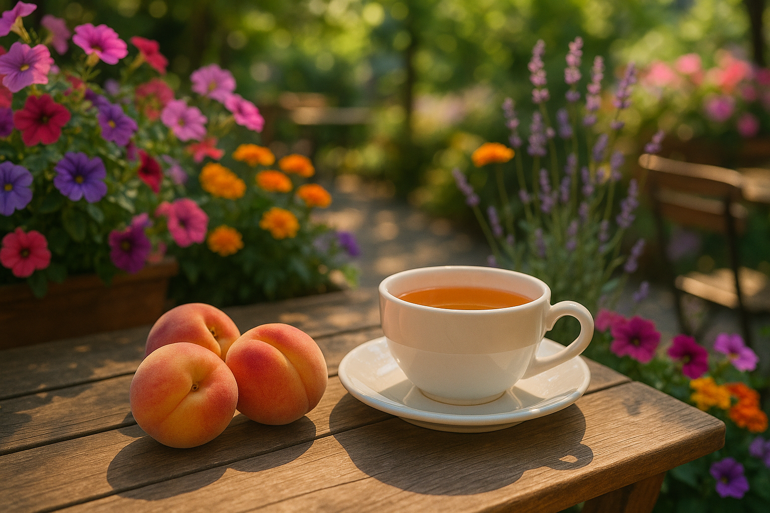 create a photo of tea in a white cup next to 3 fresh peaches. Put the cup on a cafe table outdoors surrounded by flowers