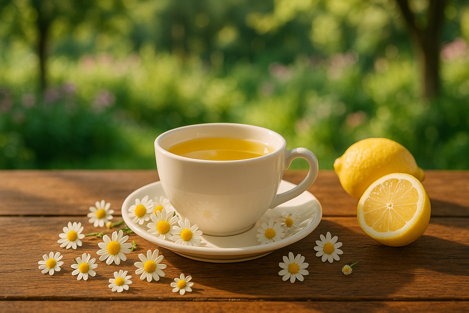image of lemon chamomile tea in a white cup on a cafe table. Surrond cup with chamomile flowers and 2 fresh lemons. Garden setting in the background