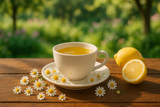 image of lemon chamomile tea in a white cup on a cafe table. Surrond cup with chamomile flowers and 2 fresh lemons. Garden setting in the background