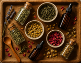 overhead shot of various jars, bottles, herbs and loose tea on a rustic wooden board